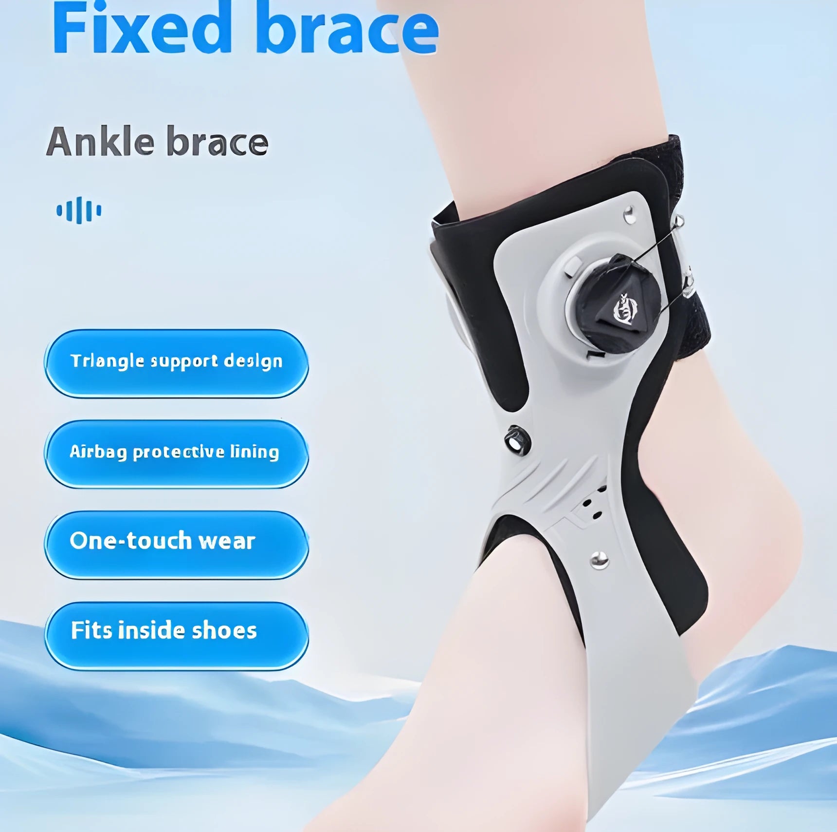 Adjustable airbag button ankle support brace shown in grey colour on left foot