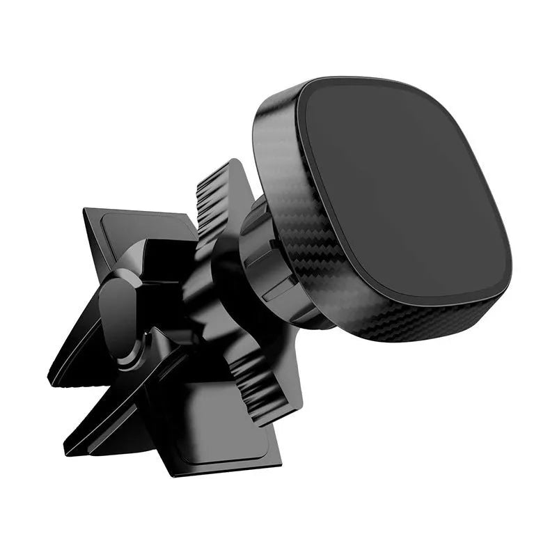 Black magnetic car phone holder attached to vehicle air vent with smartphone mounted