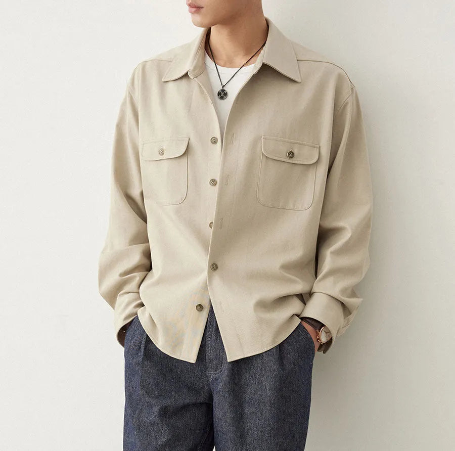 Men's cotton blend shirt with simple lapel in light sand rice or nautilidae colour.