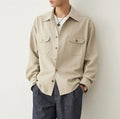 Men's cotton blend shirt with simple lapel in light sand rice or nautilidae colour.