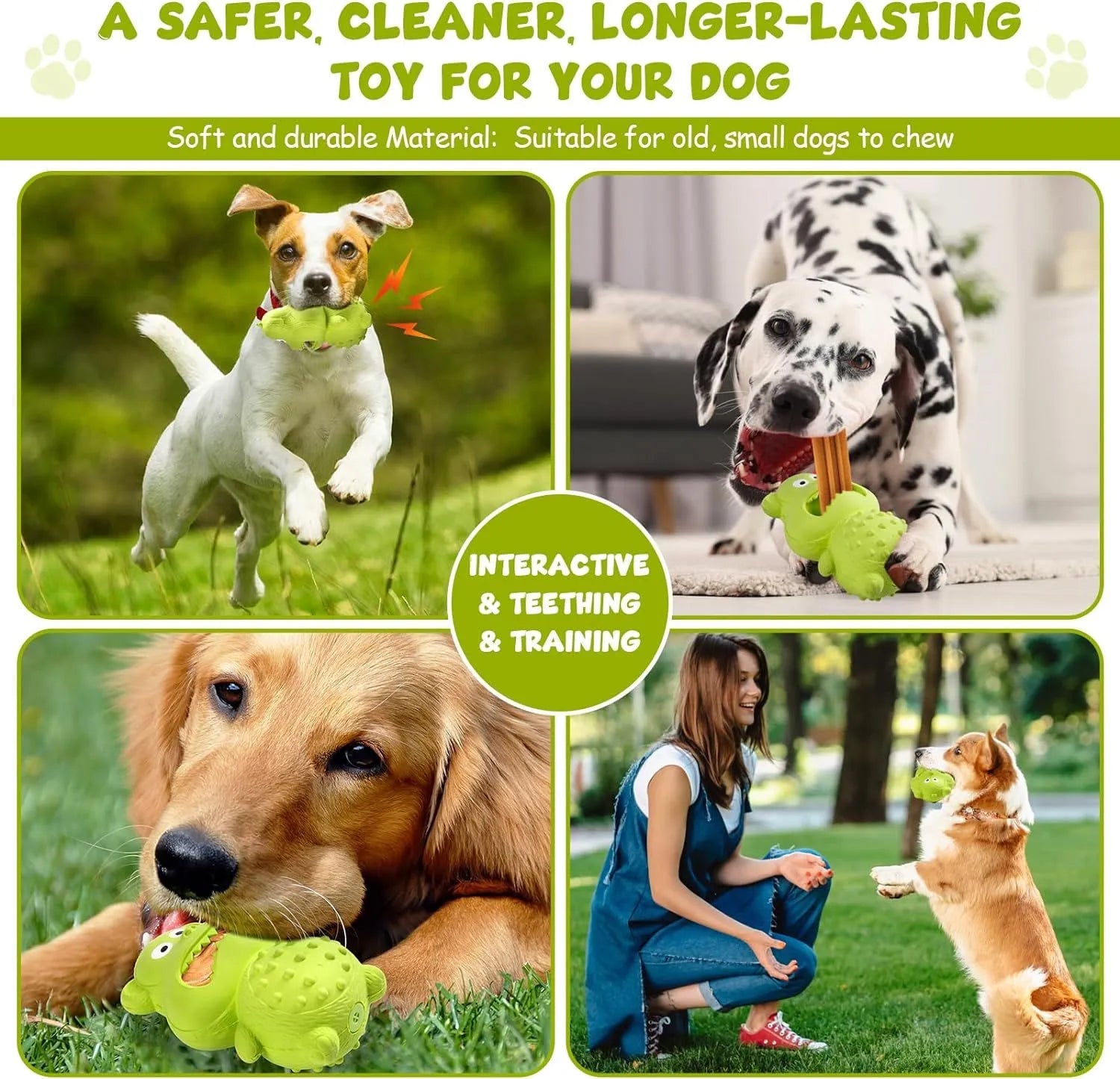 Green and yellow natural rubber dog toy for aggressive chewers with squeaker and fillable centre