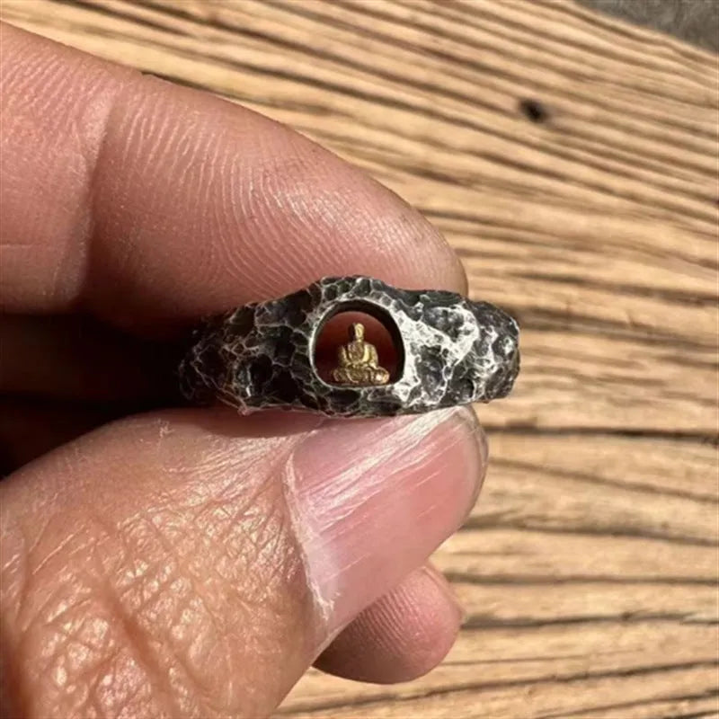 Hand-forged copper grotto Buddha ring with rock texture surface in size 8