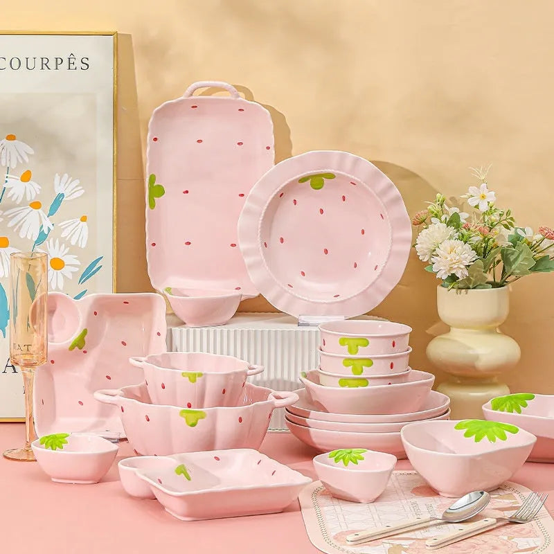 Cute strawberry pattern porcelain dinnerware set with flower bowls, plates, and twist spoon