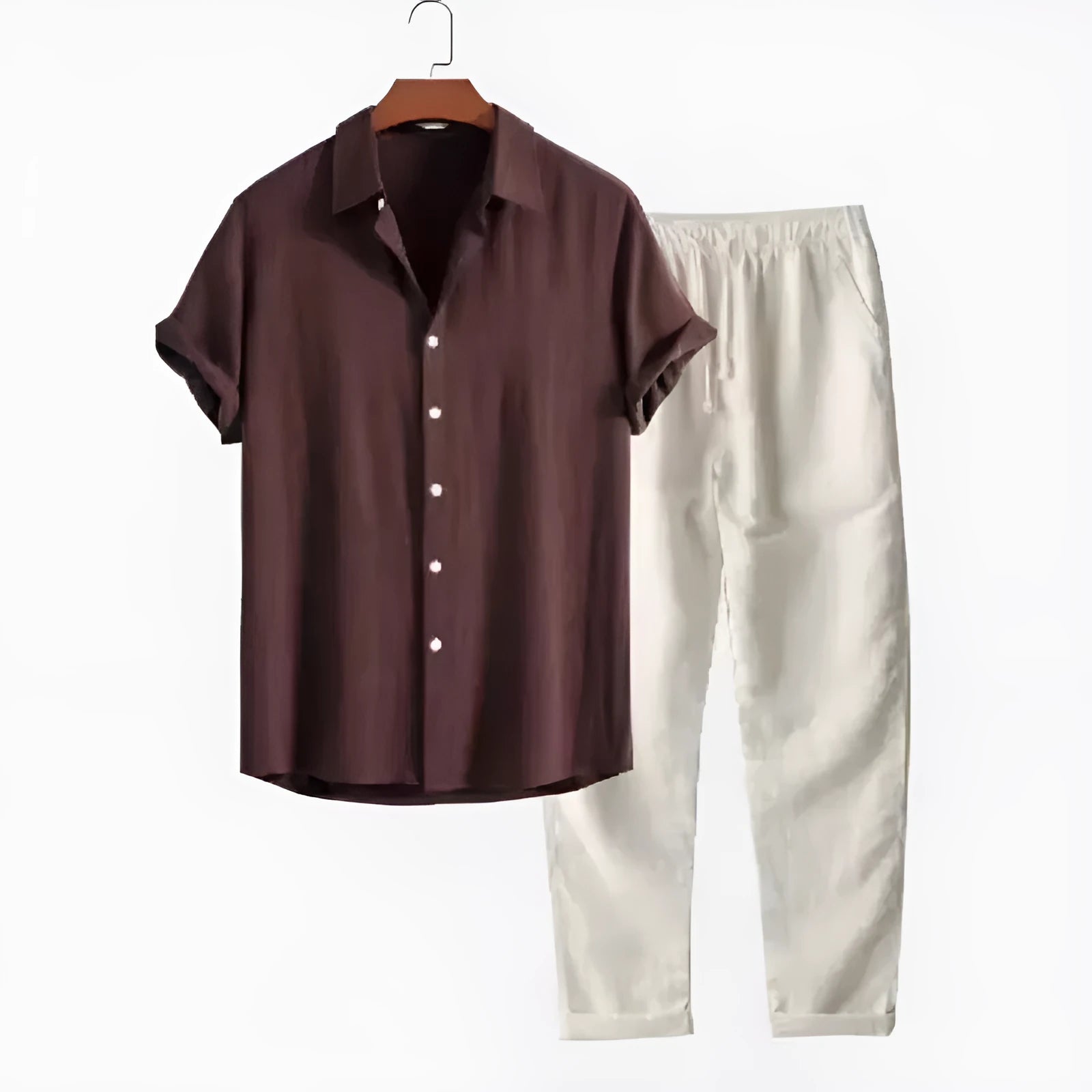 Men's loose fitting short sleeve shirt and trousers suit in linen-look polyester fabric on hanger