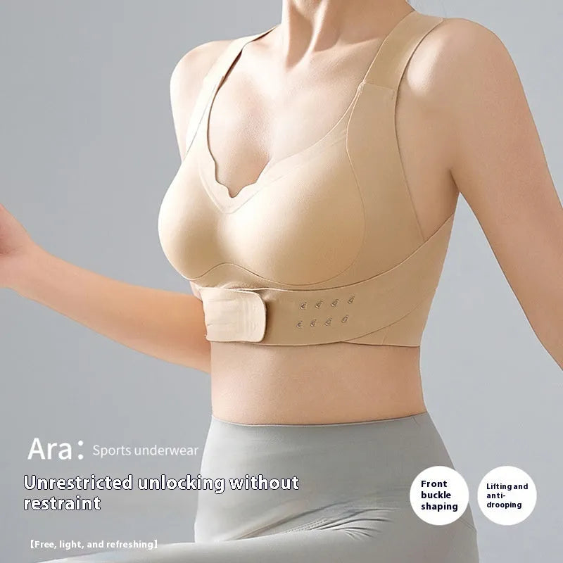 Women's front buckle back shaping bra in black on a mannequin, showing fixed double straps and 3/4 cup design.