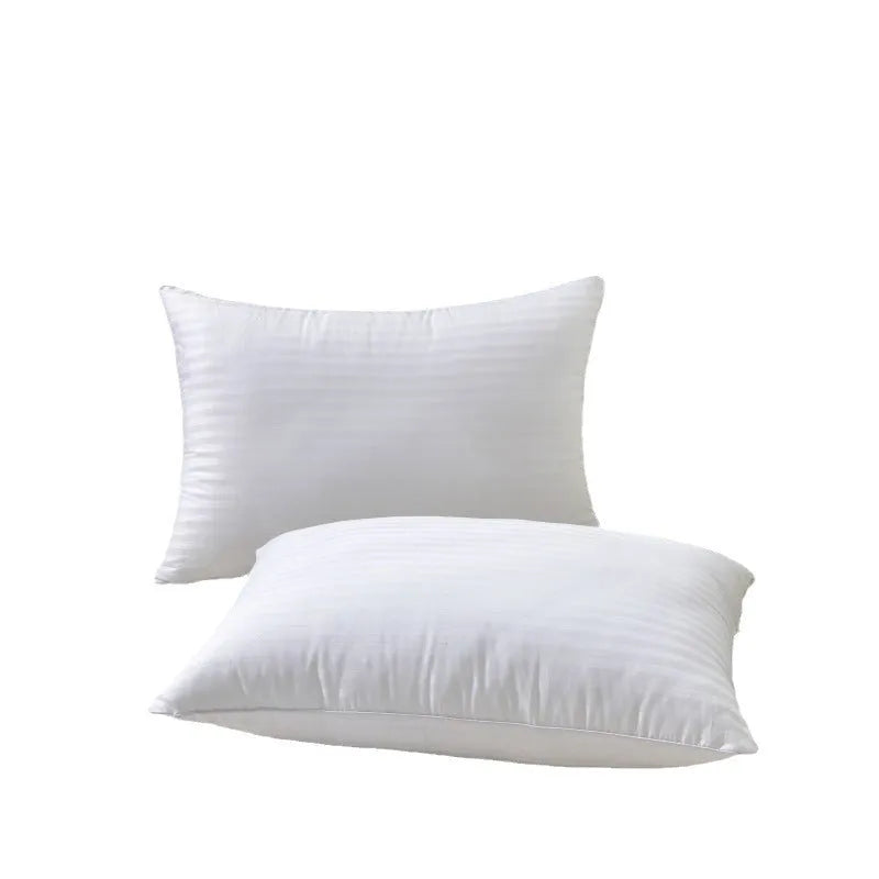 White cotton satin stripe pillow with feather and cotton fill, shown in 45cm, 48cm, and 50cm width options.
