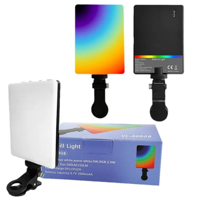 LED pocket fill light with clip for mobile phone, live broadcast and portable photography use, available in tricolor and RGB versions