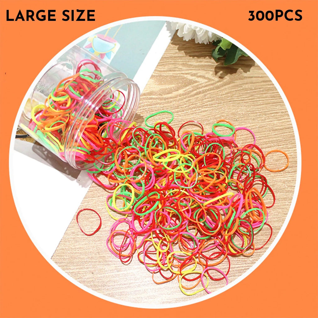 300 or 600 piece pack of baby hair ties in assorted colours, small TPU elastic bands for fine hair, supplied in a reusable container