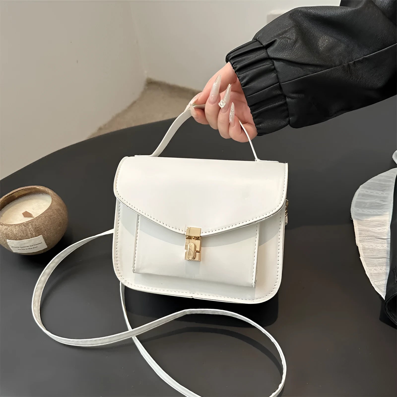 Retro style PU messenger bag in horizontal square shape with document compartment
