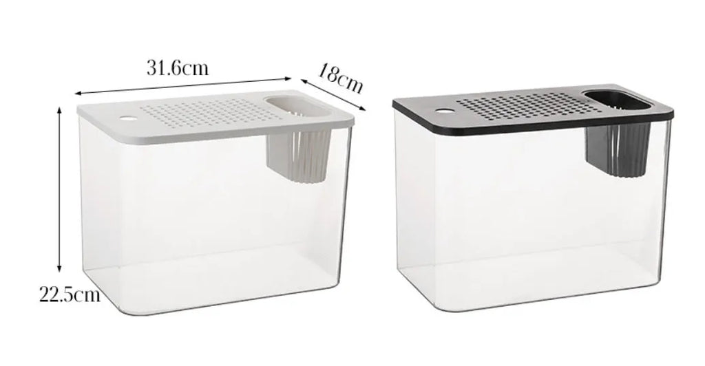 Medium plastic betta fish tank with cover in living room setting showing black and white colour options