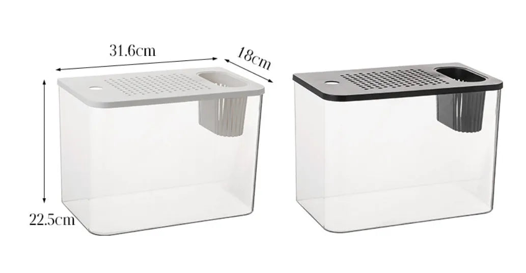 Medium plastic betta fish tank with cover in living room setting showing black and white colour options