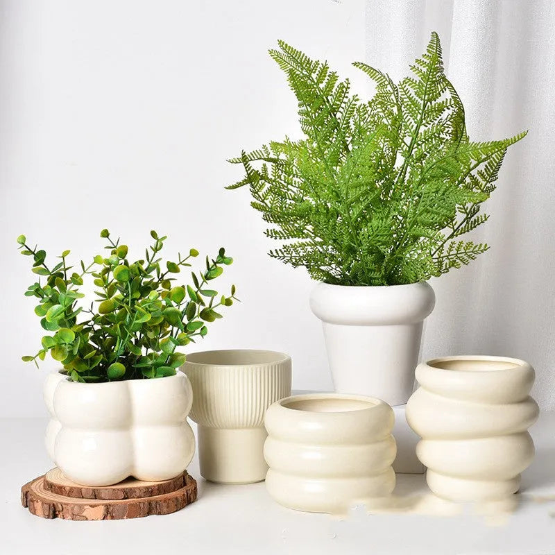 Roman column matte yellow ceramic flower pot with self-absorbent water-saving design