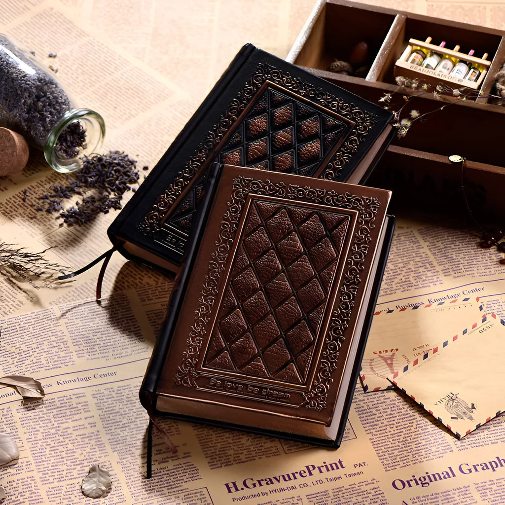 A4 embossed faux leather notepad with three-dimensional textured cover in bronze colour