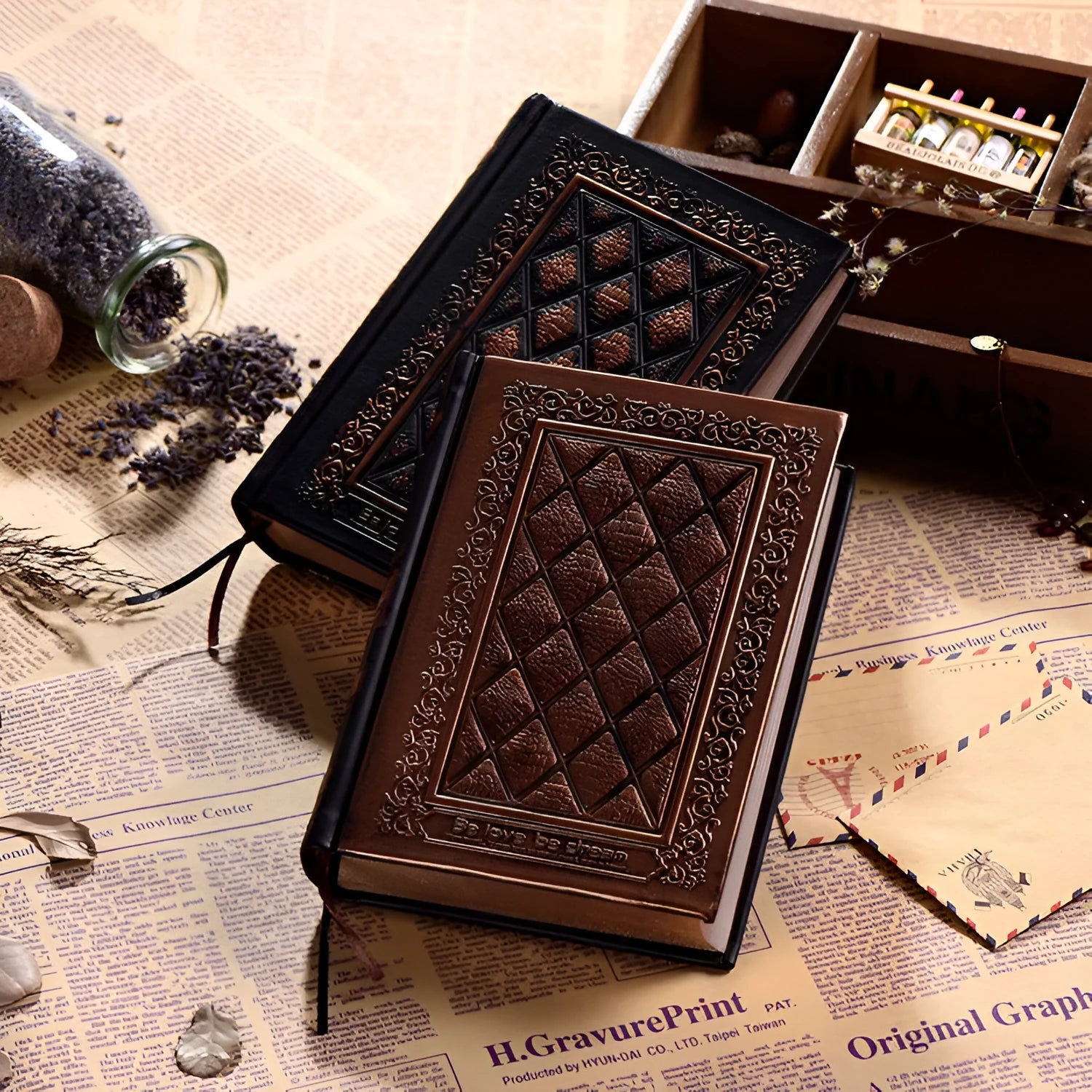 A4 embossed faux leather notepad with three-dimensional textured cover in bronze colour