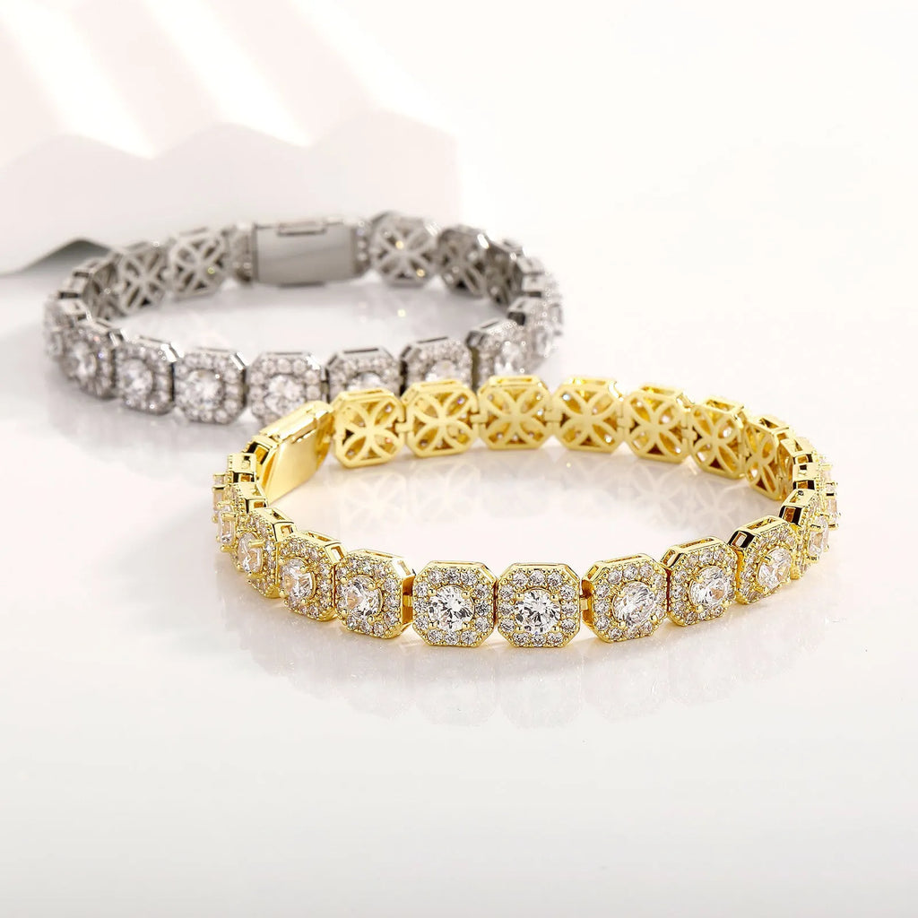 Men's silver zircon flip Cuban chain bracelet on wrist showing inlaid zircon and clasp detail