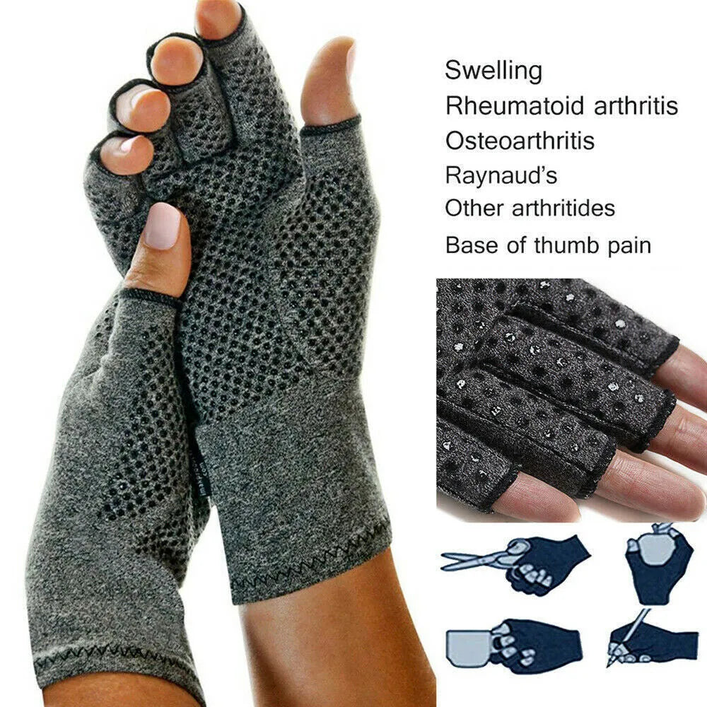 Grey half-finger compression gloves showing dispensing and standard fit options in three sizes