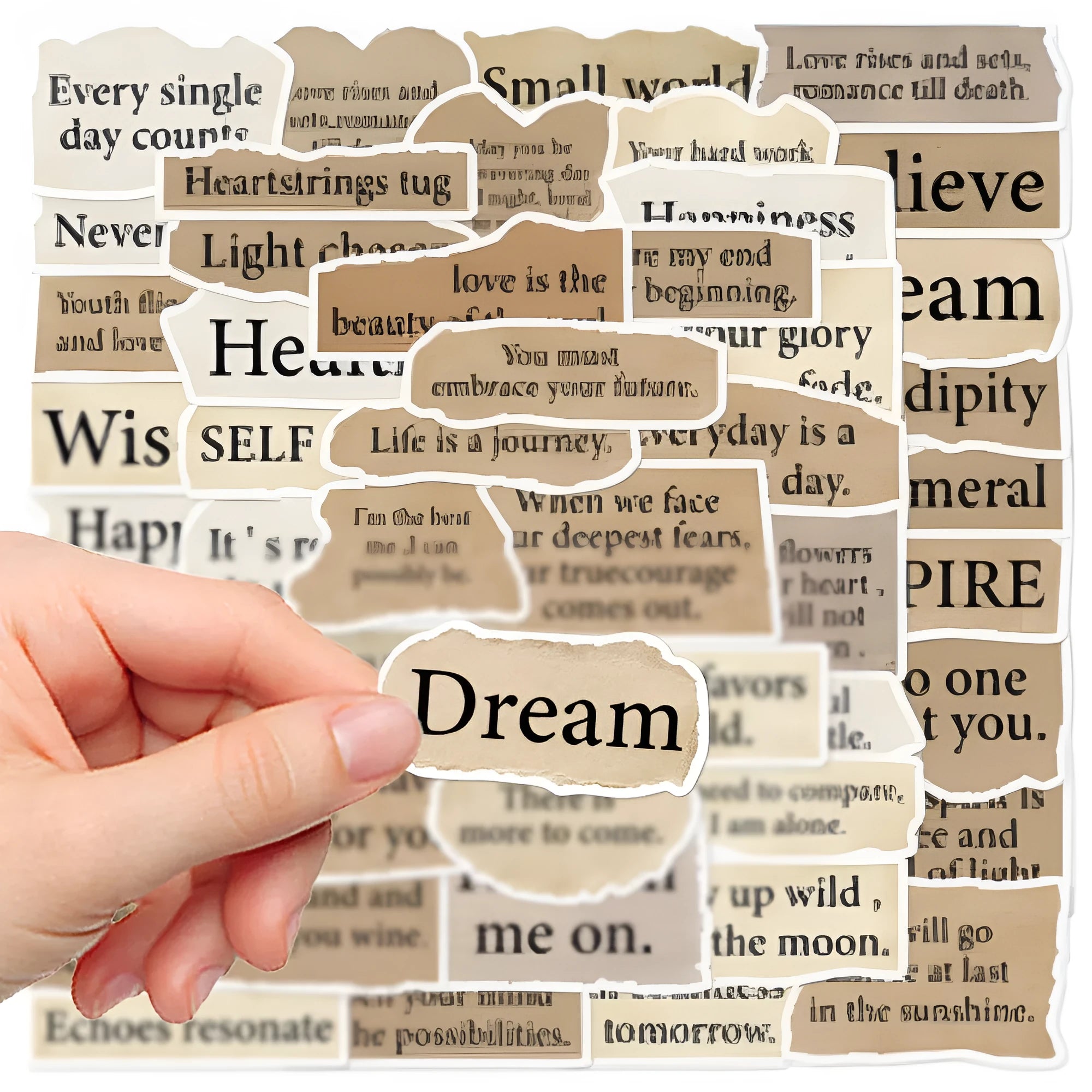 Torn English decorative laptop stickers in matte and glossy PVC finishes, 4-7cm each