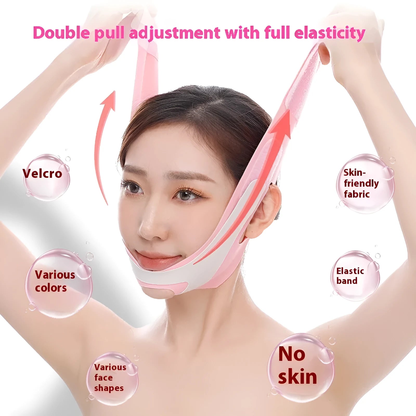 Pink and black elastic V-shaped face bandage for facial contouring and skincare support