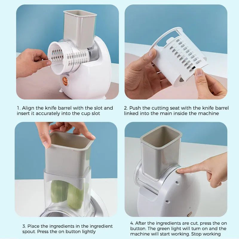 White electric vegetable slicer with rotary blades, suction base, and feeding port on a kitchen counter.