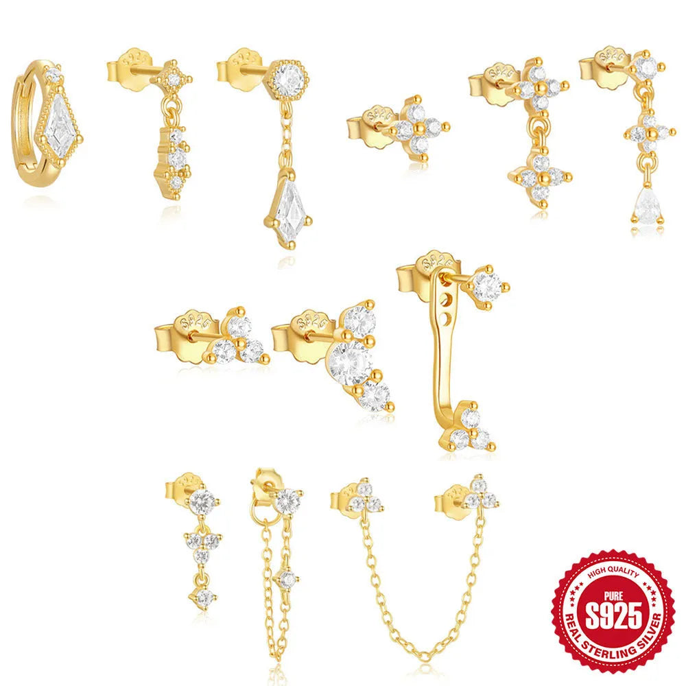 Set of four geometric S925 Sterling Silver drop earrings with zircon and gold-tone finish.