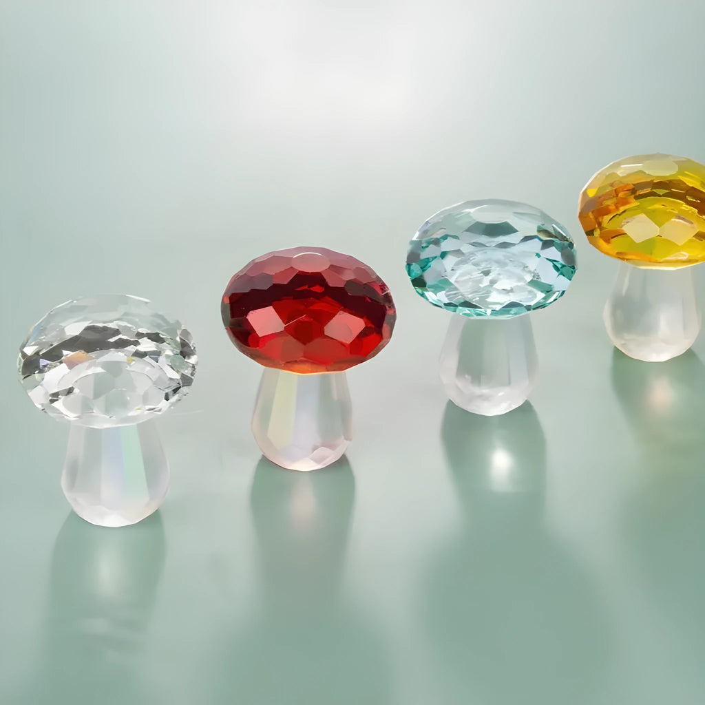 Colourful crystal mushroom decoration in geometric style measuring 40mm by 53mm