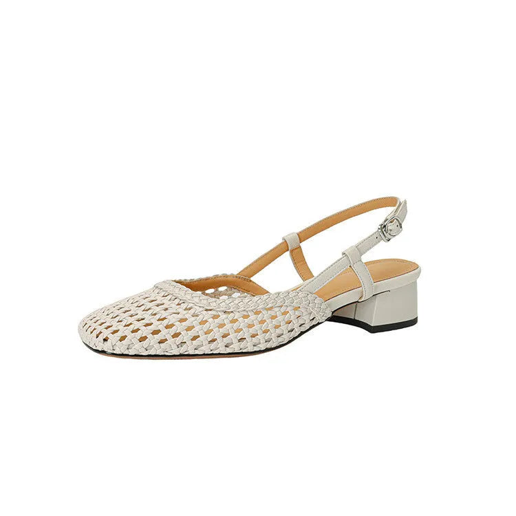Woven hollow-out closed toe sandals for women with 4cm chunky heel and buckle closure in beige