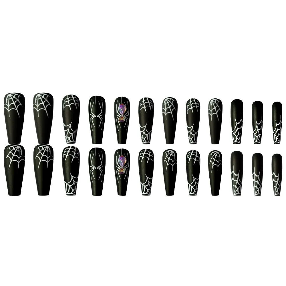 Set of 24 dark spider nail art pieces with glue, long length, sweet and cool INS style cartoon pattern