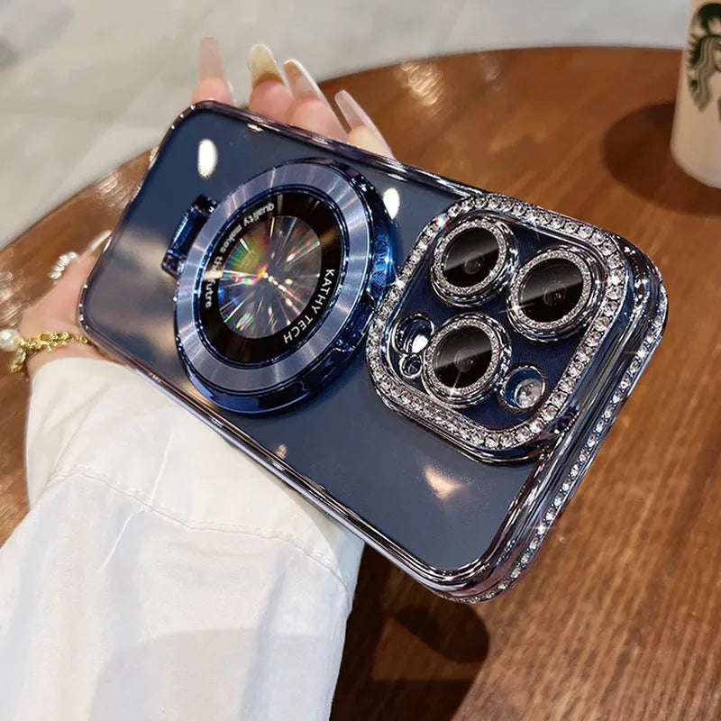 Silicone phone case with magnetic bracket and rhinestone decoration for Apple iPhone models, full coverage fall protection