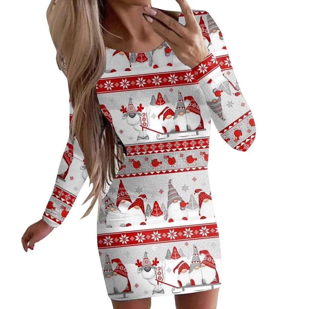 Red Christmas dress with flower print, round neck, long sleeves, and a tight-fitting short hip skirt.