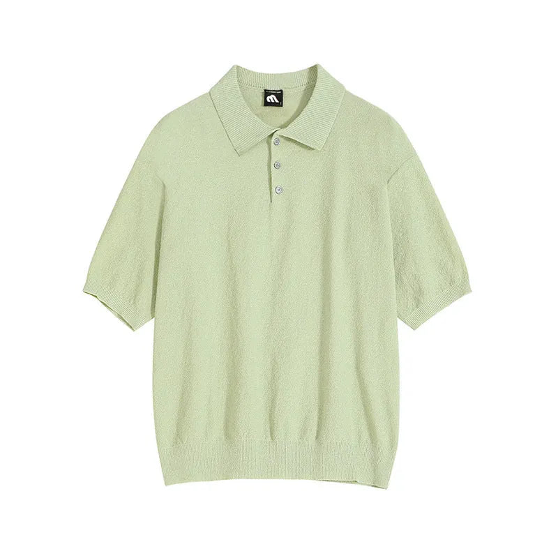 Men's caramel coloured retro knitted polo shirt with asymmetric design detail and short sleeves