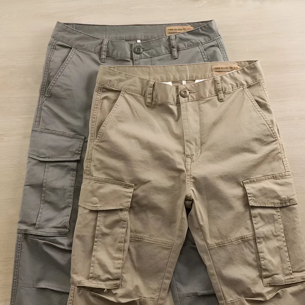 Men's multi-pocket cotton work trousers in solid colour, cropped length, available in khaki