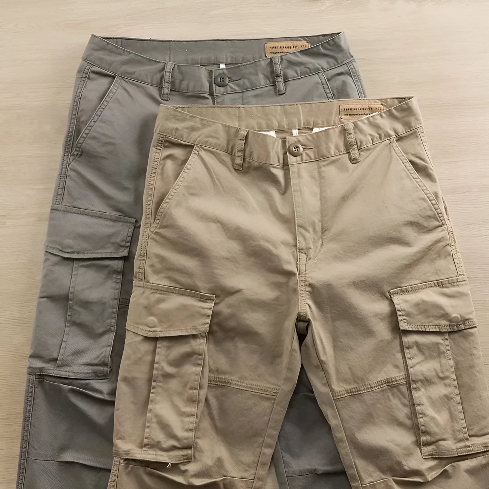 Men's multi-pocket cotton work trousers in solid colour, cropped length, available in khaki