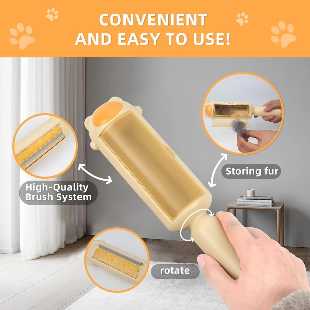 Blue pet hair remover tool with self-cleaning base on a sofa with dog fur
