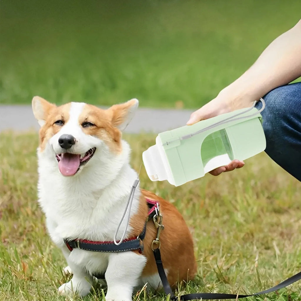 2-in-1 travel dog water bottle with 690ml capacity and green lanyard, folded to 20cm x 9cm, showing transparent body and dual compartments