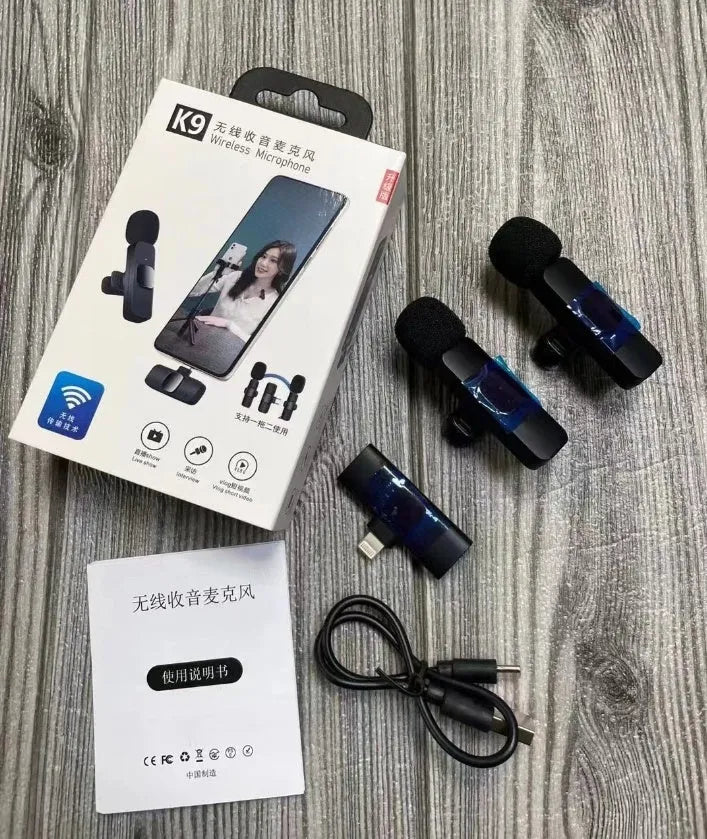 A wireless lavalier clip-on microphone attached to a shirt collar for hands-free video recording.