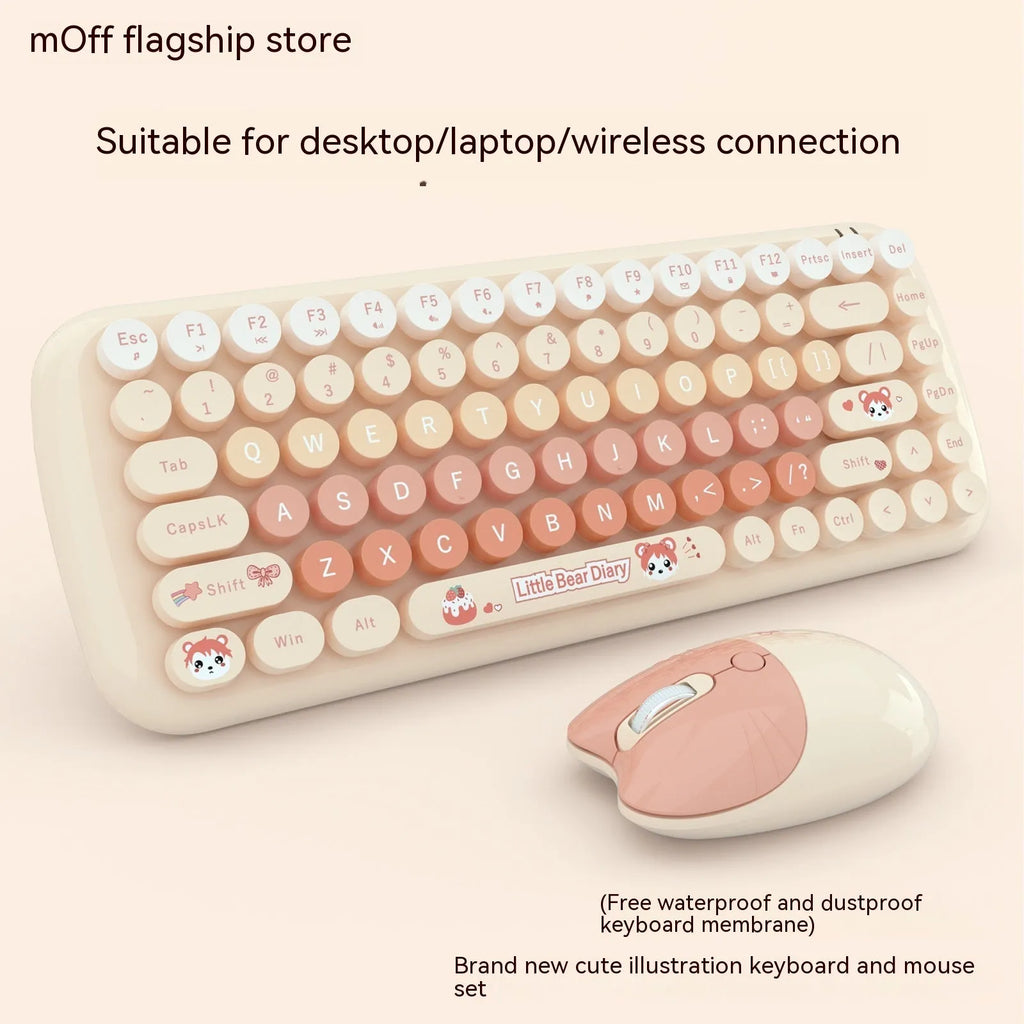 Candy pink wireless keyboard and mouse set with compact design on a desk.