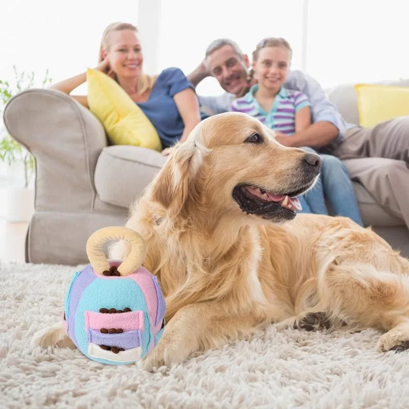 Green polyester dog plush squeaky ball toy with treat pockets, 12cm size