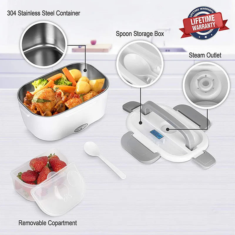 Grey electric lunch box showing dual car and home power cords with stainless steel inner tank