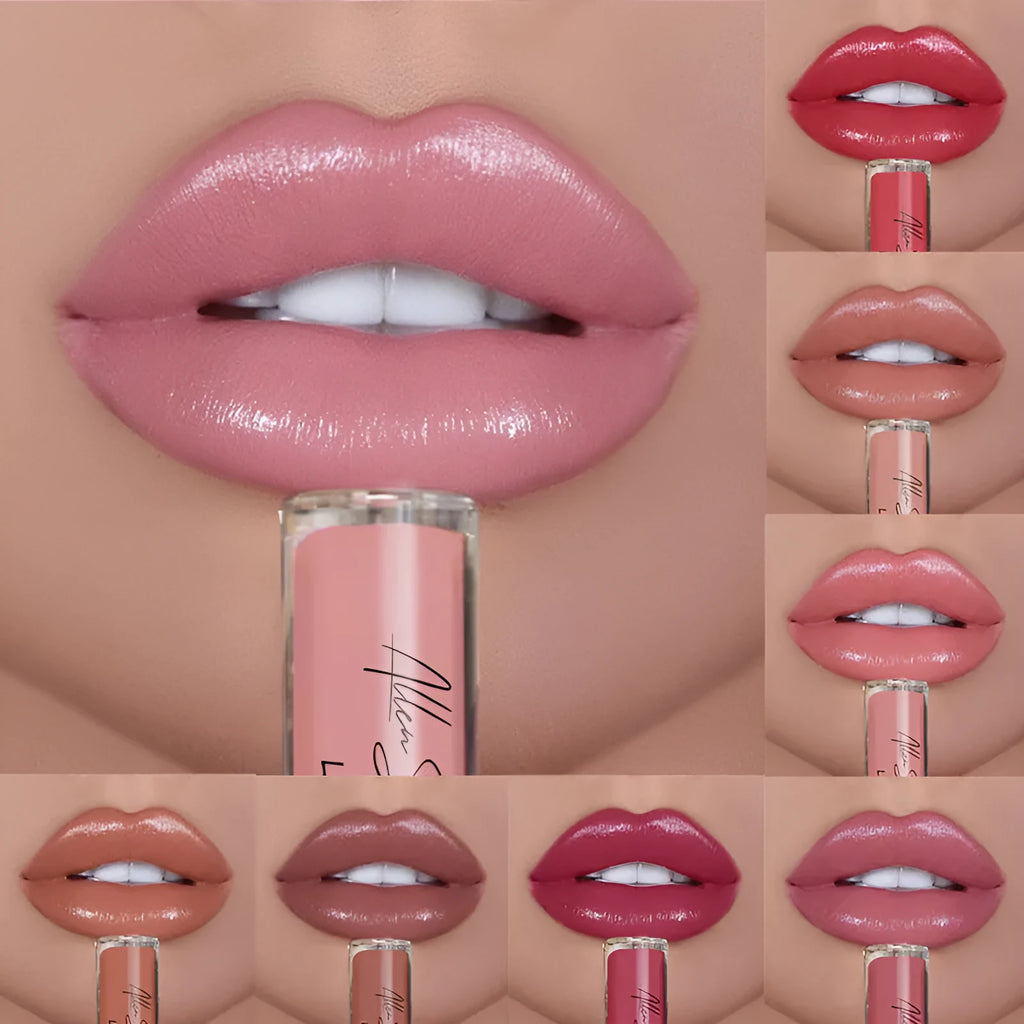 Silky cream texture lip gloss bullet in a range of colours, showing mineral-based formula.