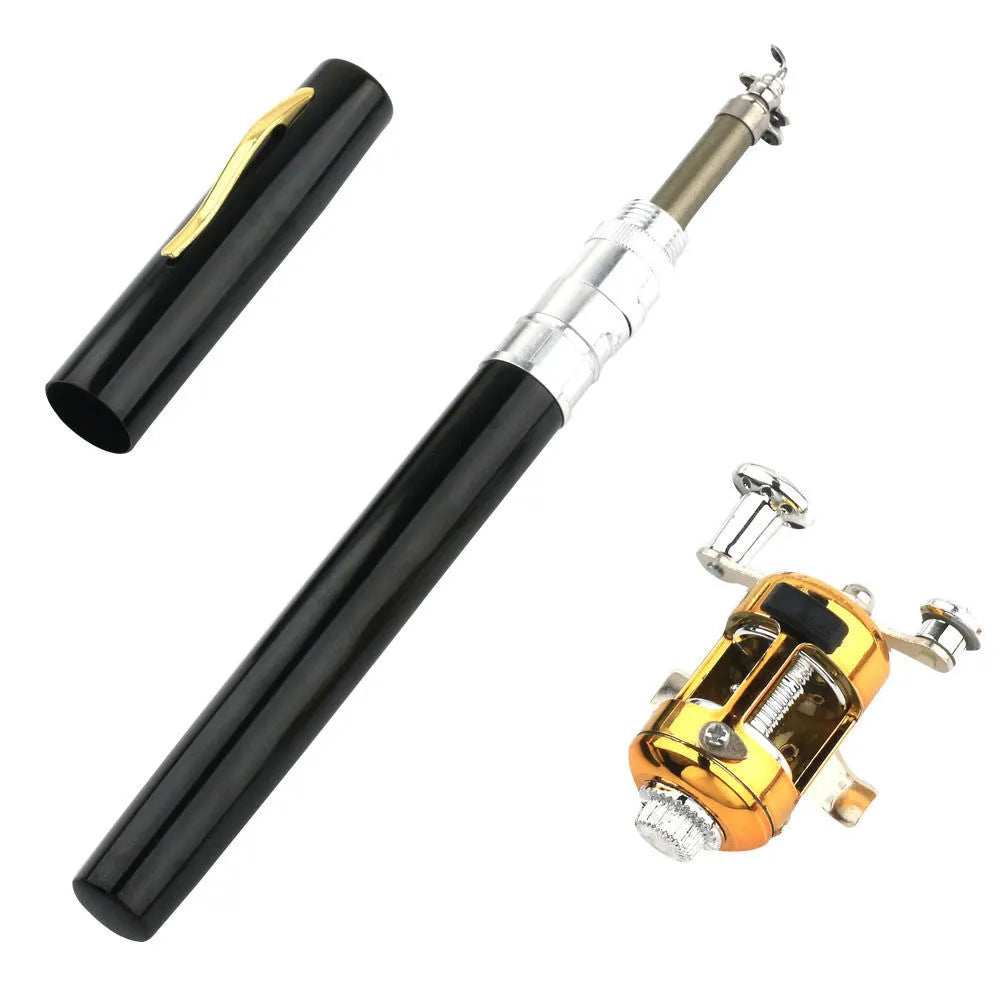 Portable telescopic pocket fishing rod extended to 1m with ST5RL fishing reel in gold colour