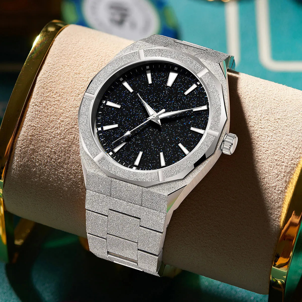 Men's frosted stainless steel business watch with luminous hands on a metal bracelet.