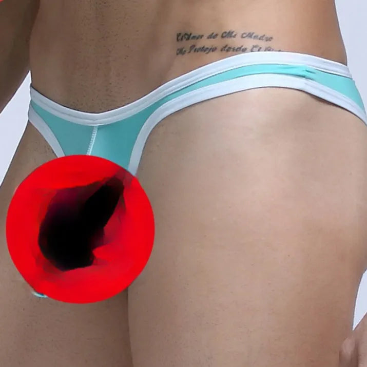 Men's white nylon ice silk small briefs with elephant nose style cut on a flat lay.