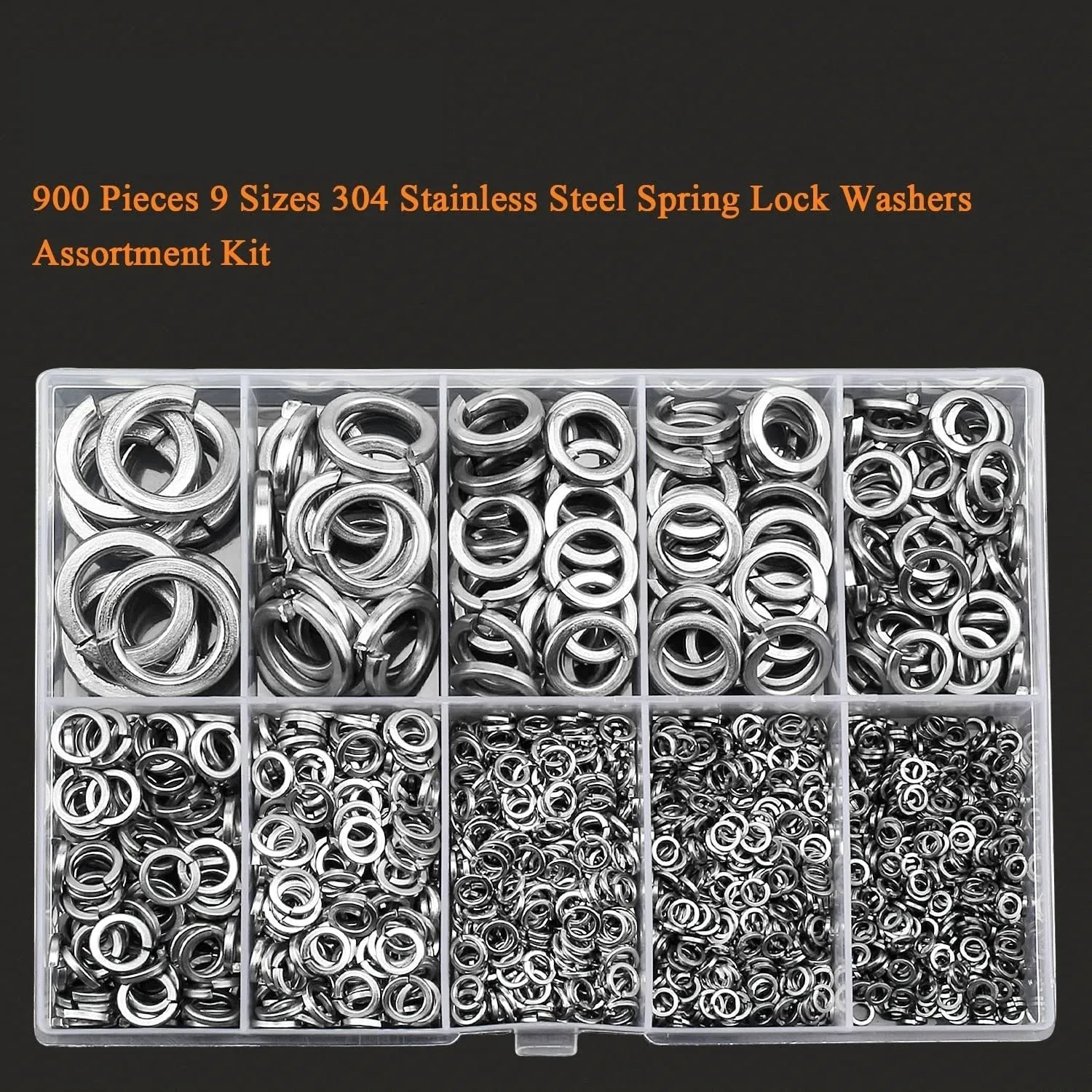304 stainless steel spring lock washer combination box with 900 pieces in assorted sizes from M2 to M12