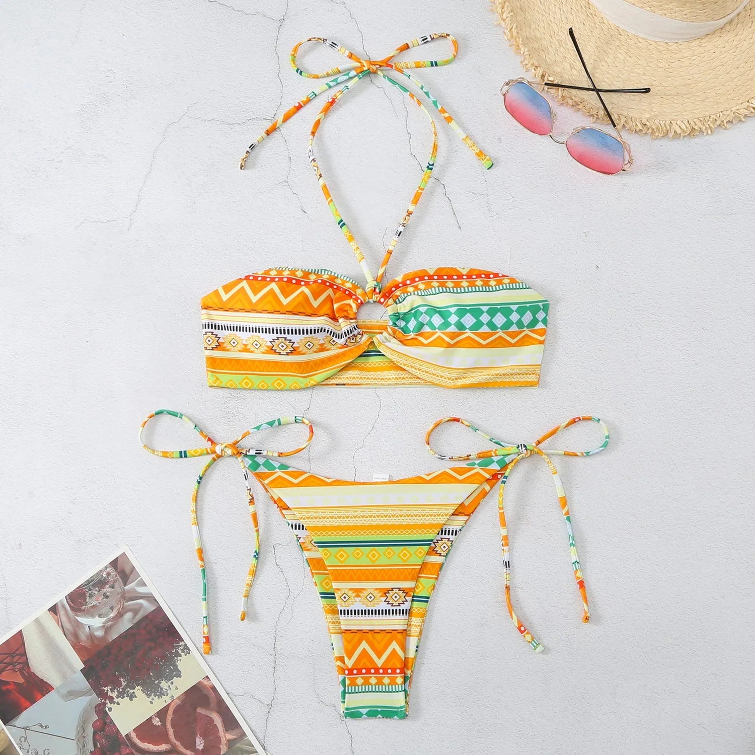 Women's halter split bikini swimsuit in polyester with high-cut briefs, shown in blue colour option