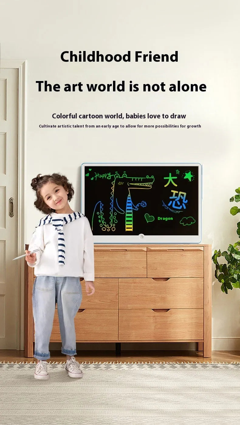 19-inch LCD drawing board for children in blue and white colour with attached stylus on screen.