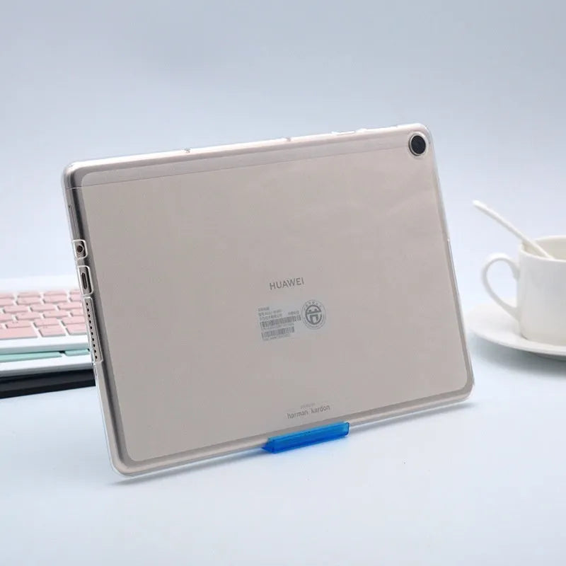 Clear ultra-thin silicone and TPU protective case for a tablet on a white background.