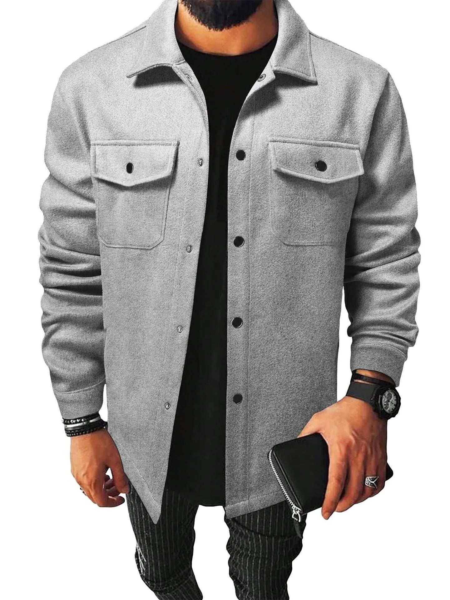 Men's brushed cotton blend casual shirt in solid colour cardigan style with long sleeves and regular fit