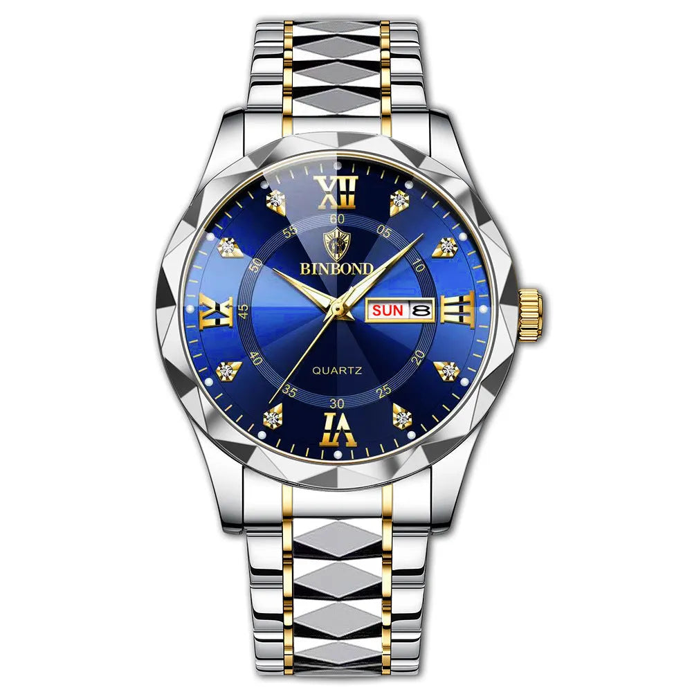 Men's quartz watch with luminous dual calendar display, 43mm metal case, and steel band on a white background