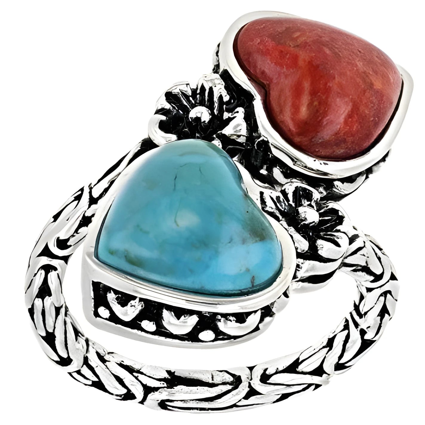 Antique silver electroplated alloy insect ring with turquoise stone on a white background