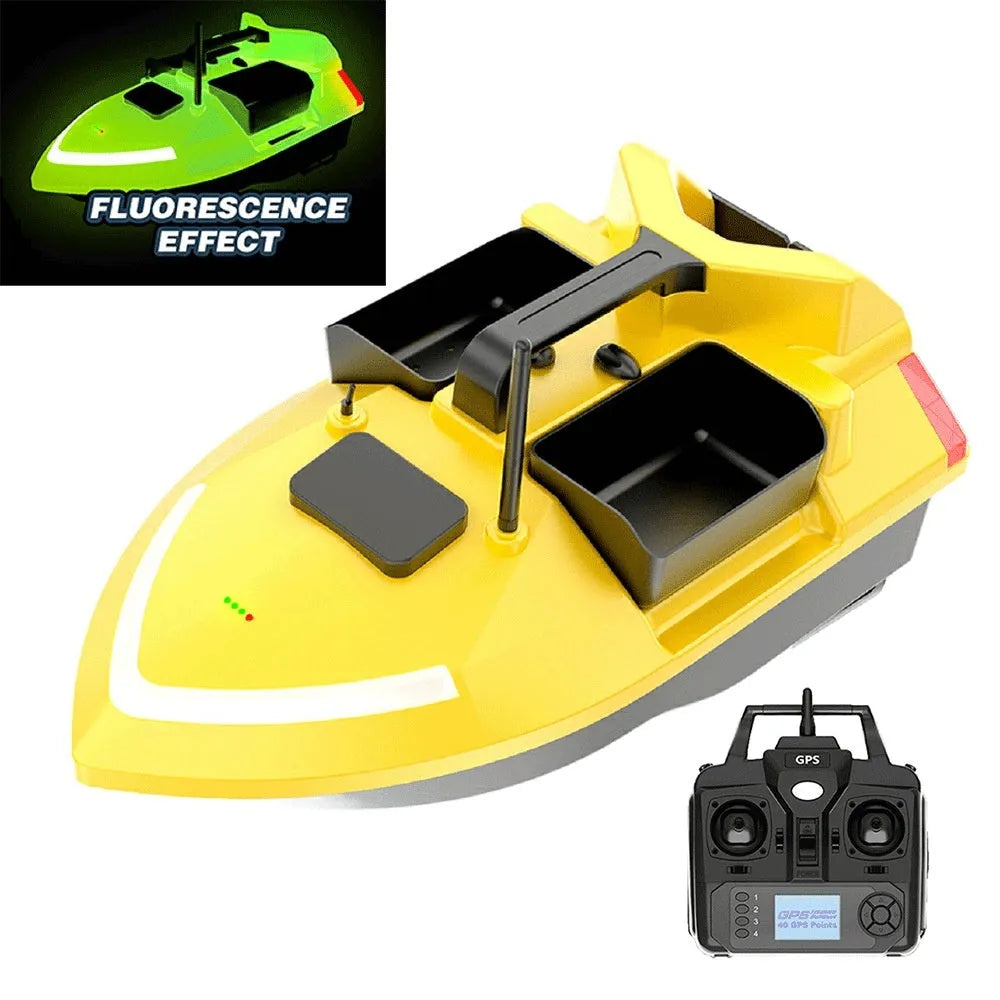 Black or luminous yellow GPS remote control fishing boat with remote control on a handbag.